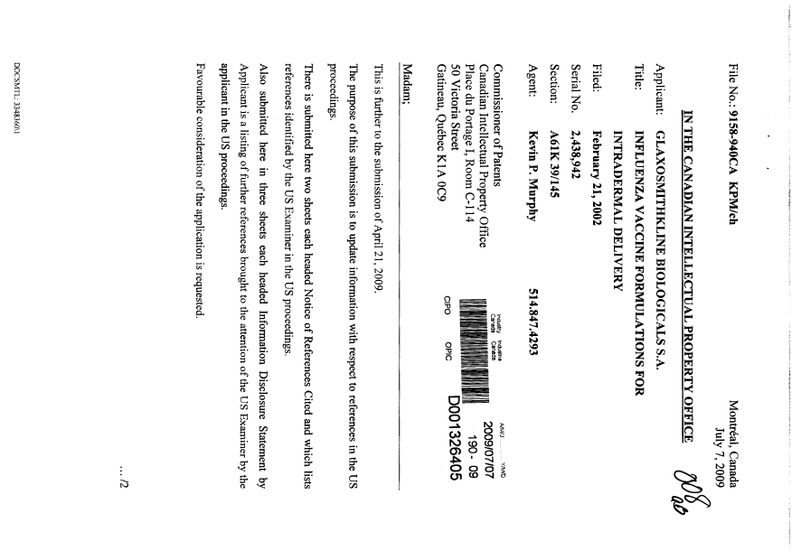 Document de brevet canadien 2438942. Poursuite-Amendment 20090707. Image 1 de 2