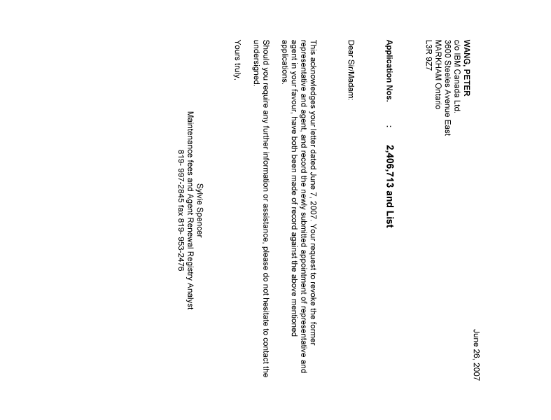 Document de brevet canadien 2438997. Correspondance 20070627. Image 1 de 1