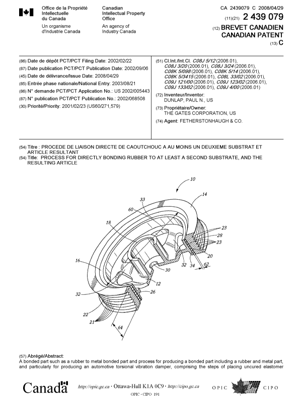 Document de brevet canadien 2439079. Page couverture 20080411. Image 1 de 2