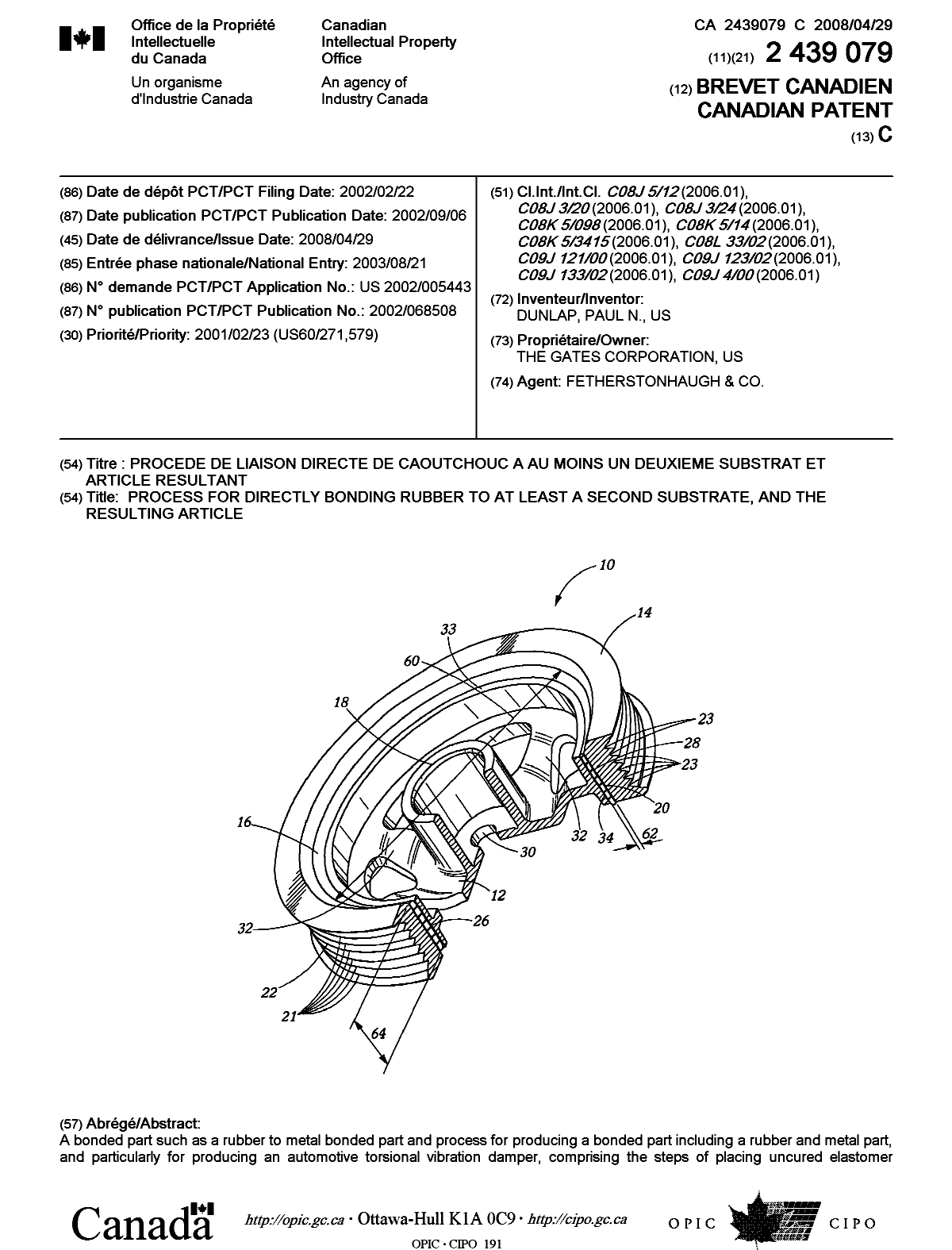 Document de brevet canadien 2439079. Page couverture 20080411. Image 1 de 2