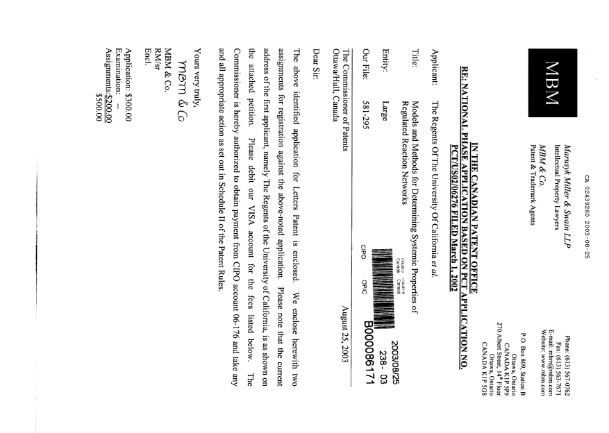 Document de brevet canadien 2439260. Cession 20030825. Image 1 de 14