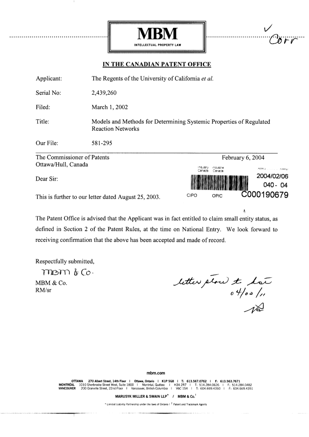 Document de brevet canadien 2439260. Correspondance 20031206. Image 1 de 1