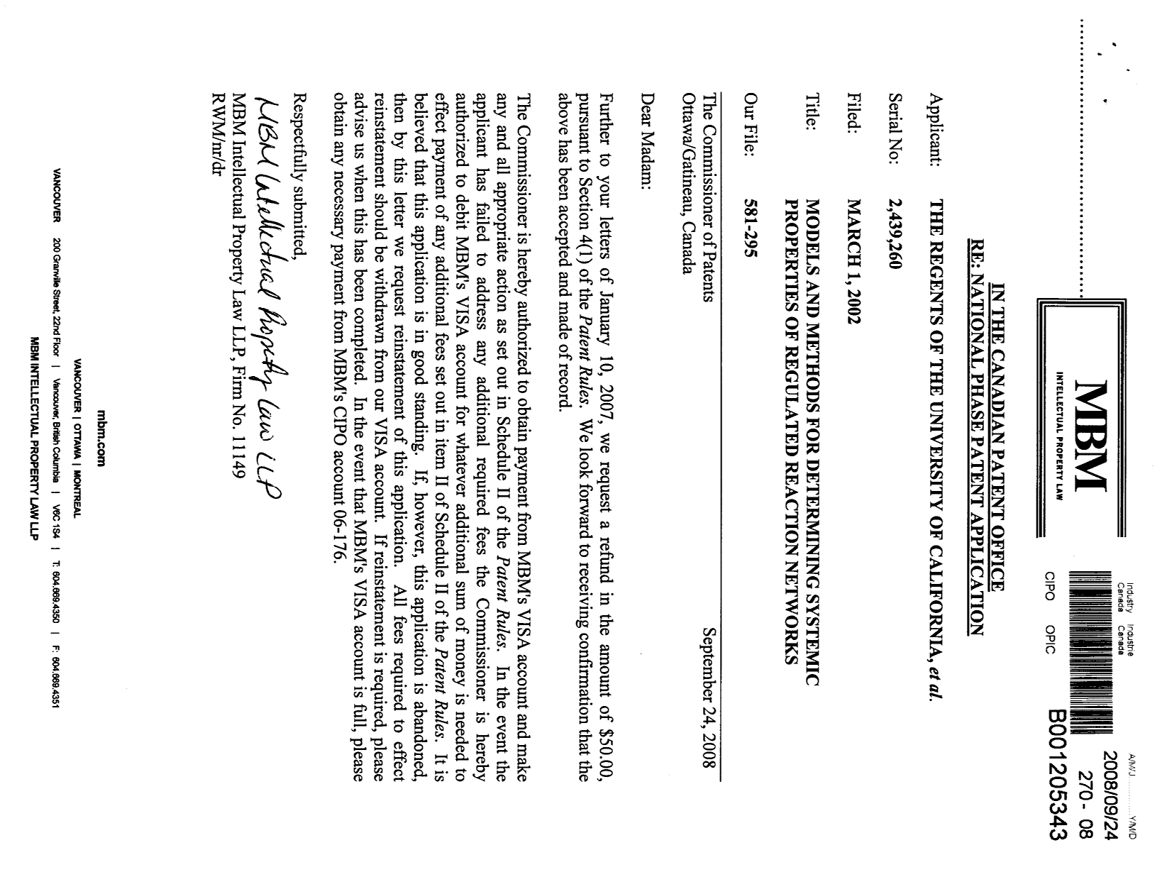 Document de brevet canadien 2439260. Taxes 20051218. Image 3 de 3