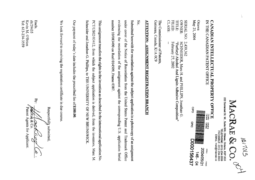 Document de brevet canadien 2439362. Cession 20040521. Image 1 de 5