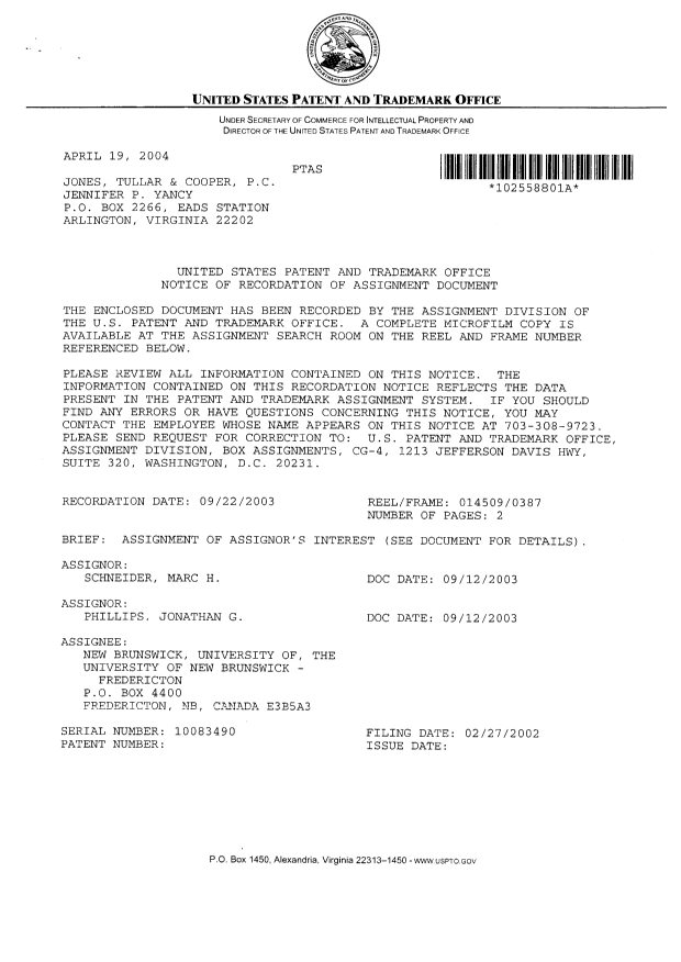 Document de brevet canadien 2439362. Cession 20040521. Image 2 de 5
