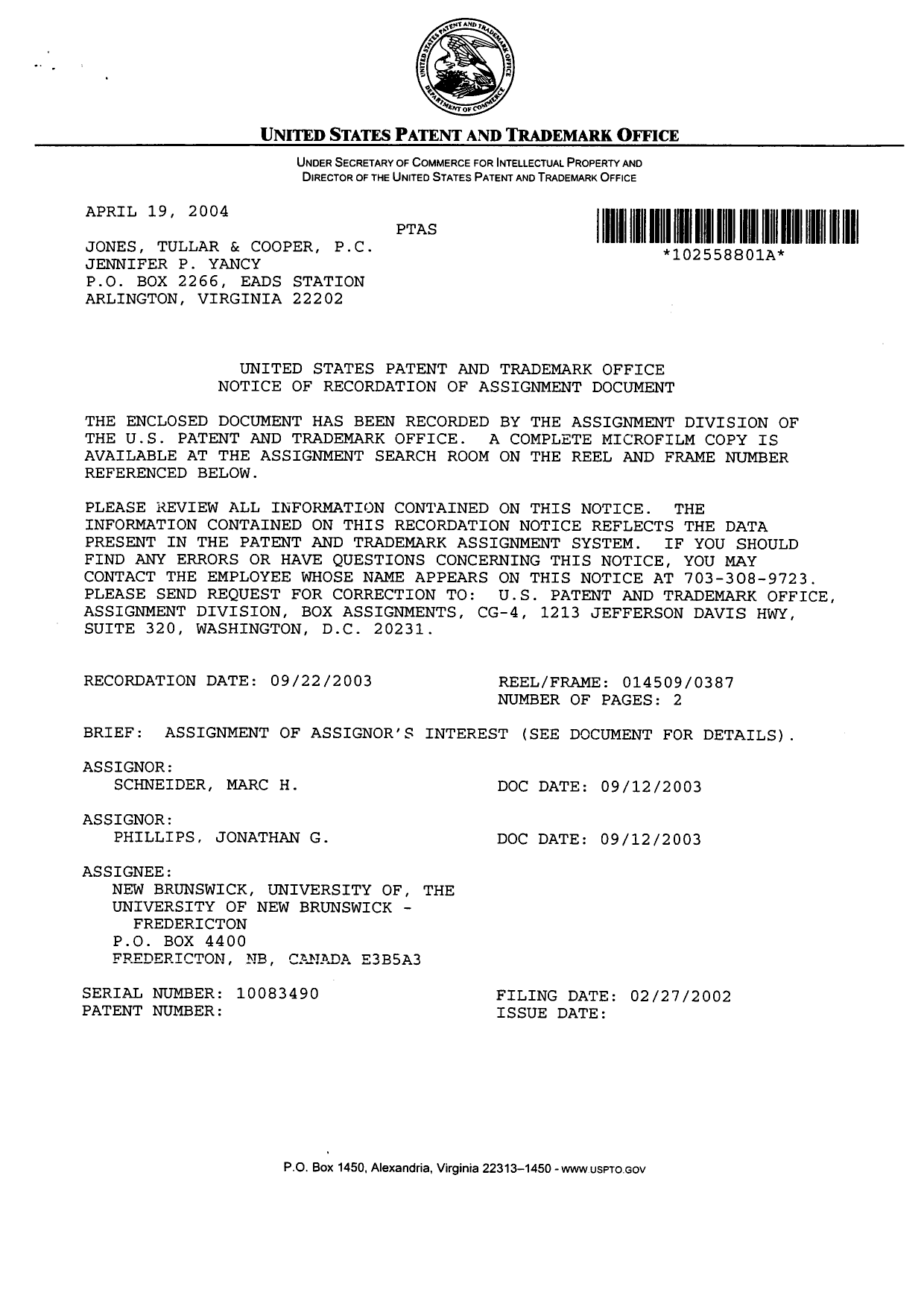 Document de brevet canadien 2439362. Cession 20040521. Image 2 de 5