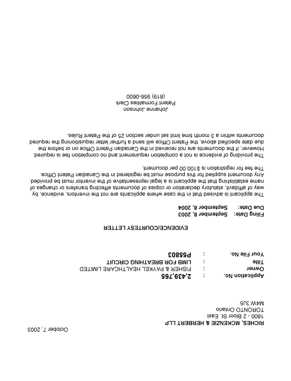 Document de brevet canadien 2439765. Correspondance 20021202. Image 1 de 1