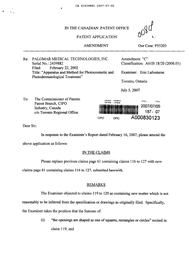 Document de brevet canadien 2439882. Poursuite-Amendment 20061205. Image 1 de 3