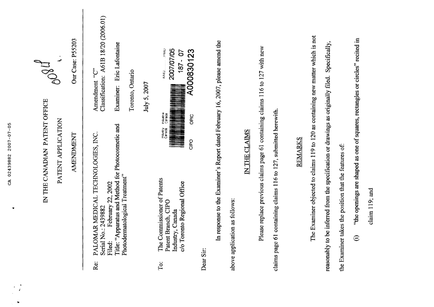 Canadian Patent Document 2439882. Prosecution-Amendment 20061205. Image 1 of 3