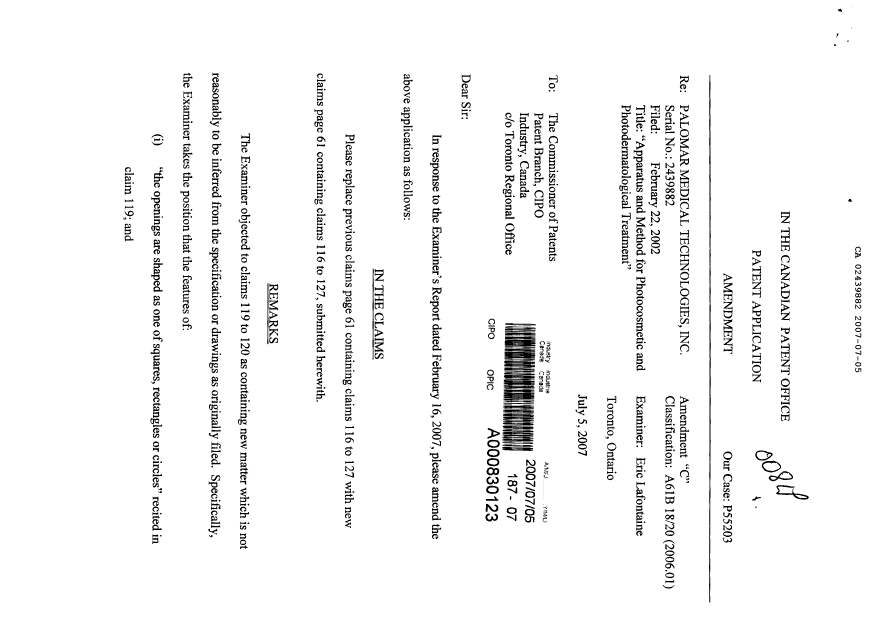 Document de brevet canadien 2439882. Poursuite-Amendment 20061205. Image 1 de 3
