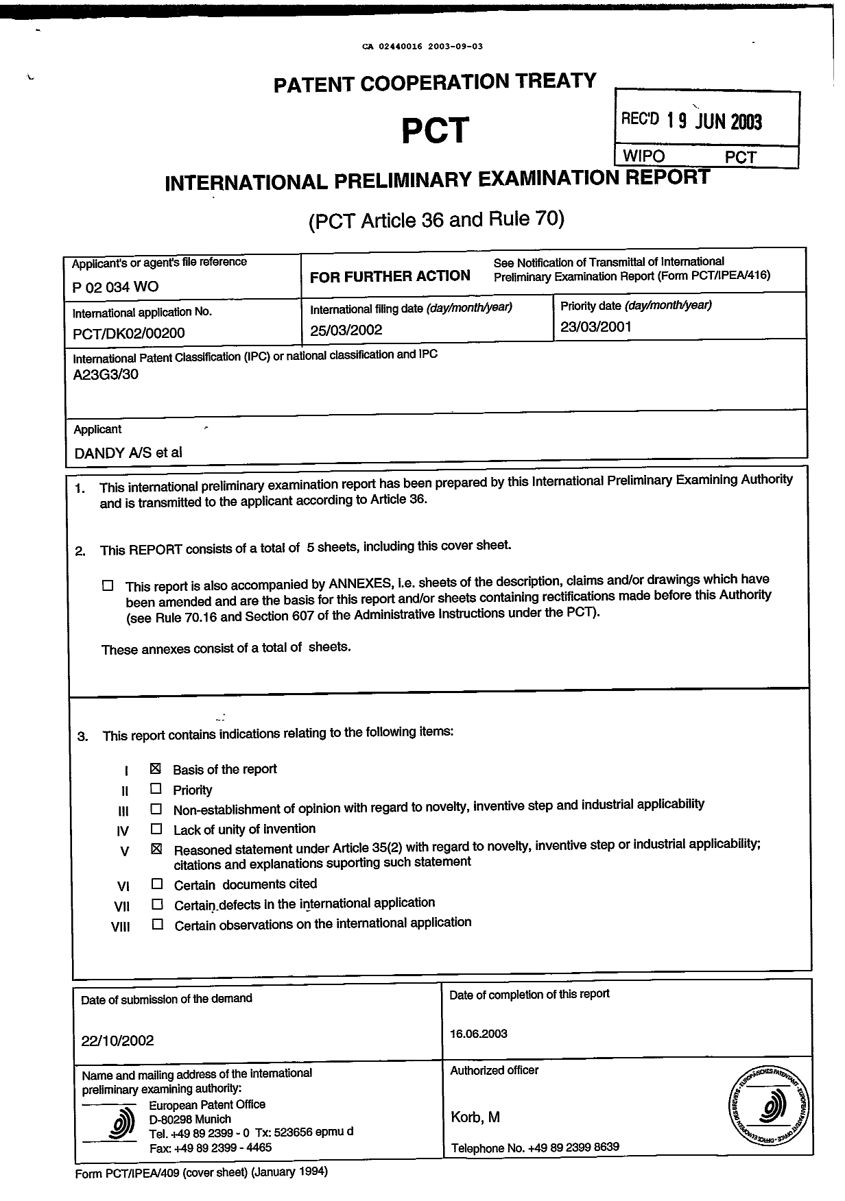 Document de brevet canadien 2440016. PCT 20021203. Image 1 de 5