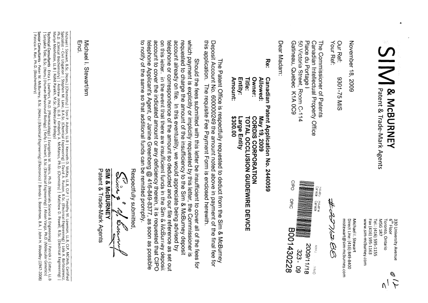 Document de brevet canadien 2440059. Correspondance 20091118. Image 1 de 1