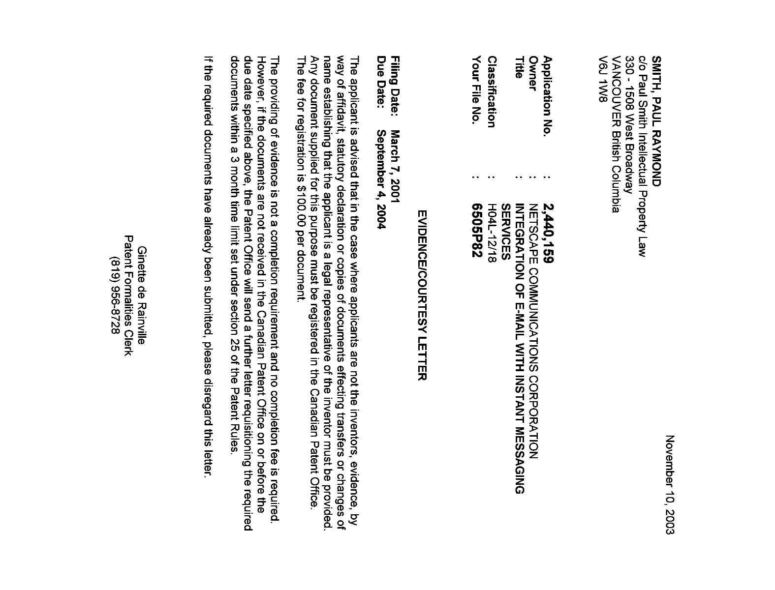 Canadian Patent Document 2440159. Correspondence 20031105. Image 1 of 1