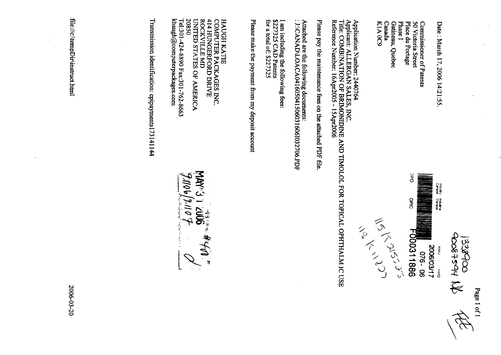 Document de brevet canadien 2440764. Taxes 20060317. Image 1 de 1