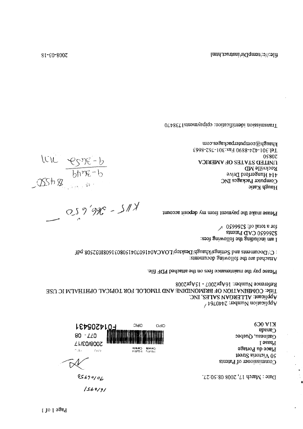 Document de brevet canadien 2440764. Taxes 20080317. Image 1 de 1