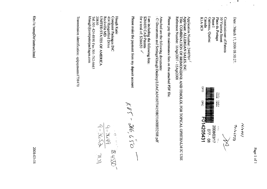 Canadian Patent Document 2440764. Fees 20080317. Image 1 of 1