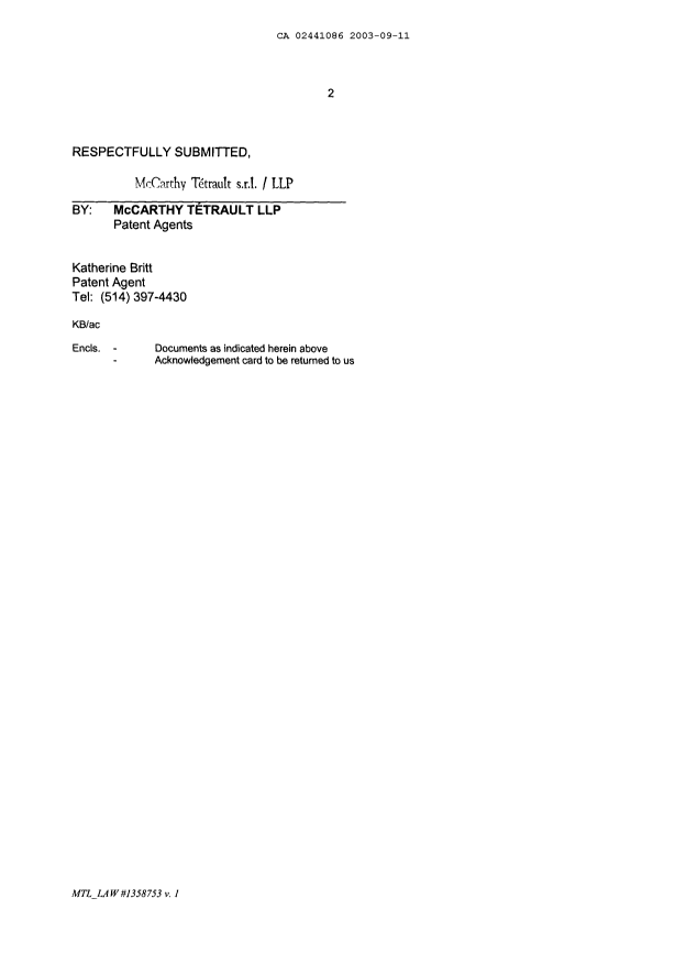 Document de brevet canadien 2441086. Cession 20021211. Image 2 de 4
