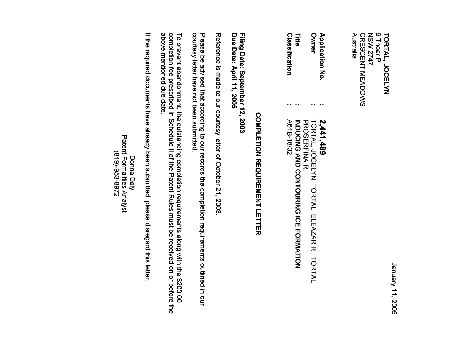 Canadian Patent Document 2441489. Correspondence 20050104. Image 1 of 1