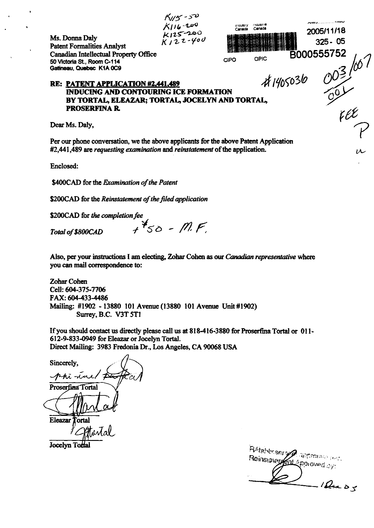 Canadian Patent Document 2441489. Prosecution-Amendment 20051118. Image 1 of 1