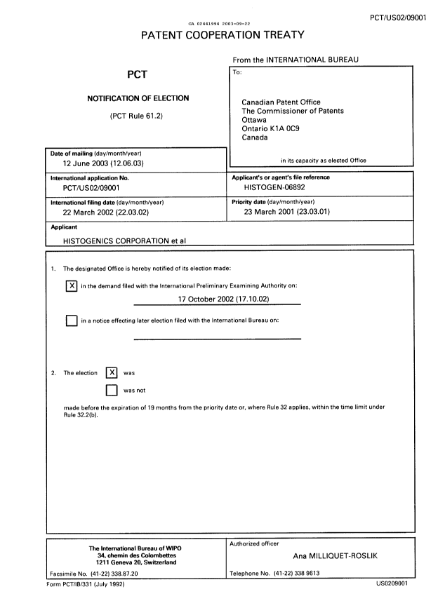 Document de brevet canadien 2441994. PCT 20030922. Image 1 de 3