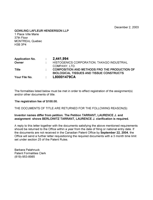 Document de brevet canadien 2441994. Correspondance 20031201. Image 1 de 1