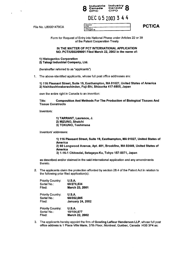 Canadian Patent Document 2441994. Correspondence 20031205. Image 2 of 3