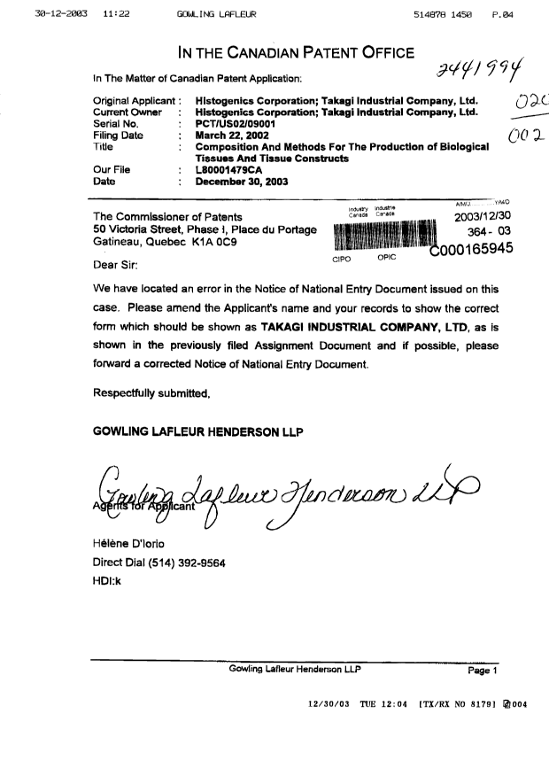 Canadian Patent Document 2441994. Correspondence 20031230. Image 1 of 1