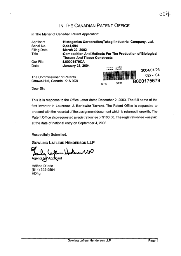Document de brevet canadien 2441994. Cession 20040123. Image 1 de 7