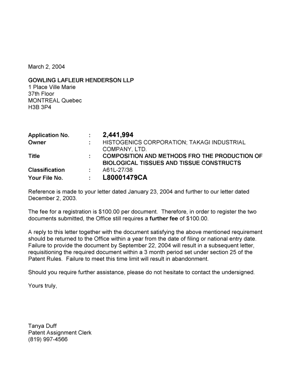 Document de brevet canadien 2441994. Correspondance 20040302. Image 1 de 1