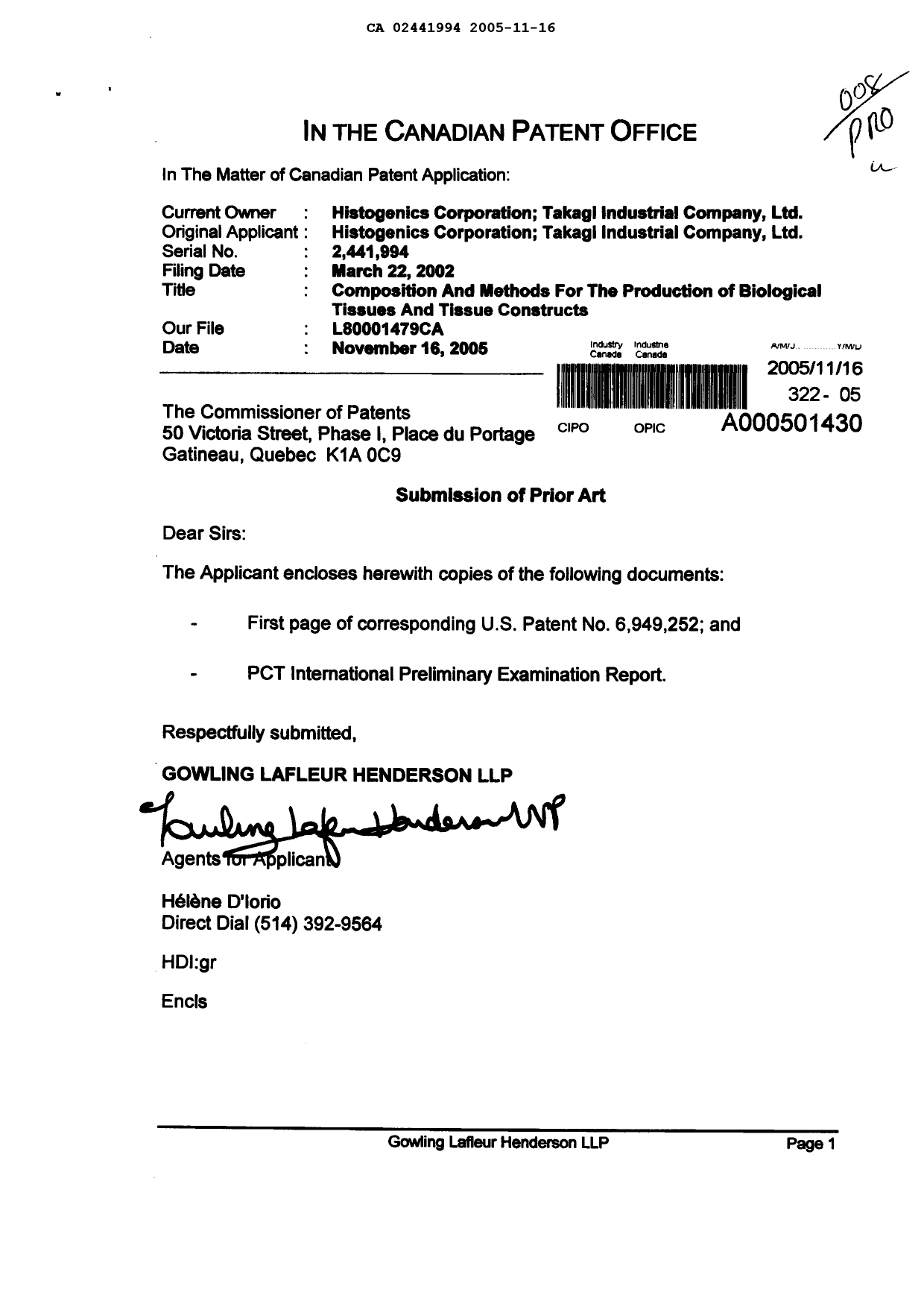 Canadian Patent Document 2441994. Prosecution-Amendment 20051116. Image 1 of 1