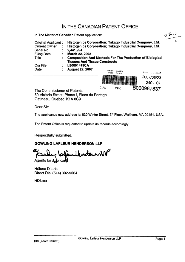 Document de brevet canadien 2441994. Correspondance 20070823. Image 1 de 1