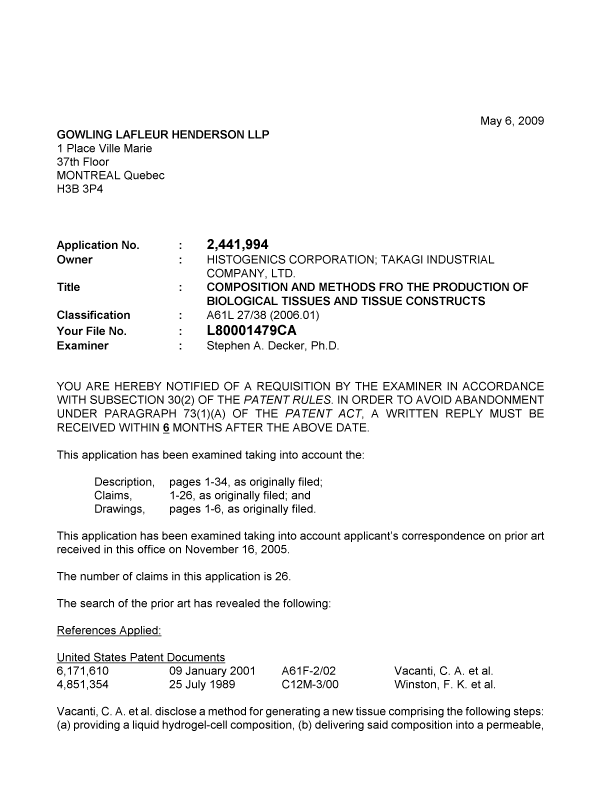 Canadian Patent Document 2441994. Prosecution-Amendment 20090506. Image 1 of 4