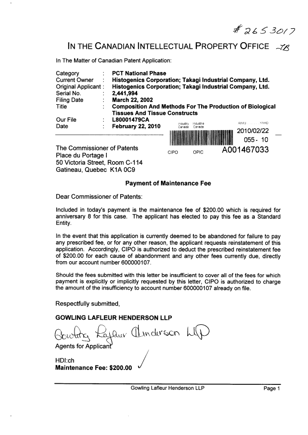Document de brevet canadien 2441994. Taxes 20100222. Image 1 de 1