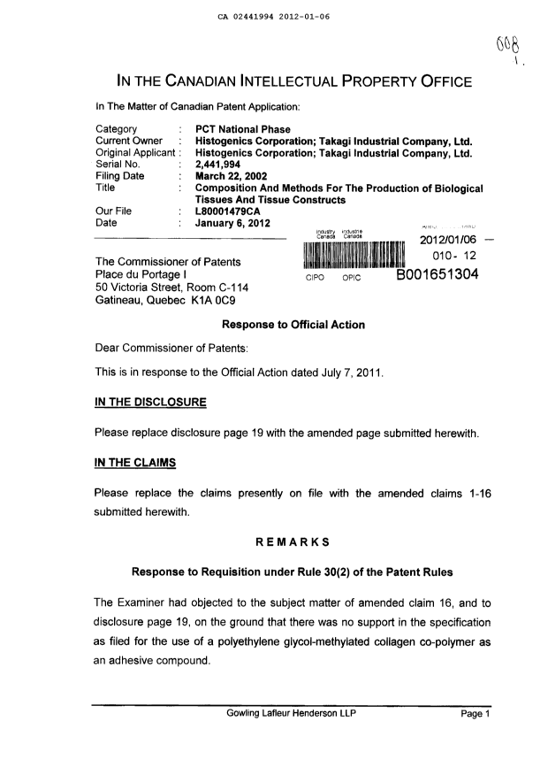 Canadian Patent Document 2441994. Prosecution-Amendment 20120106. Image 1 of 6