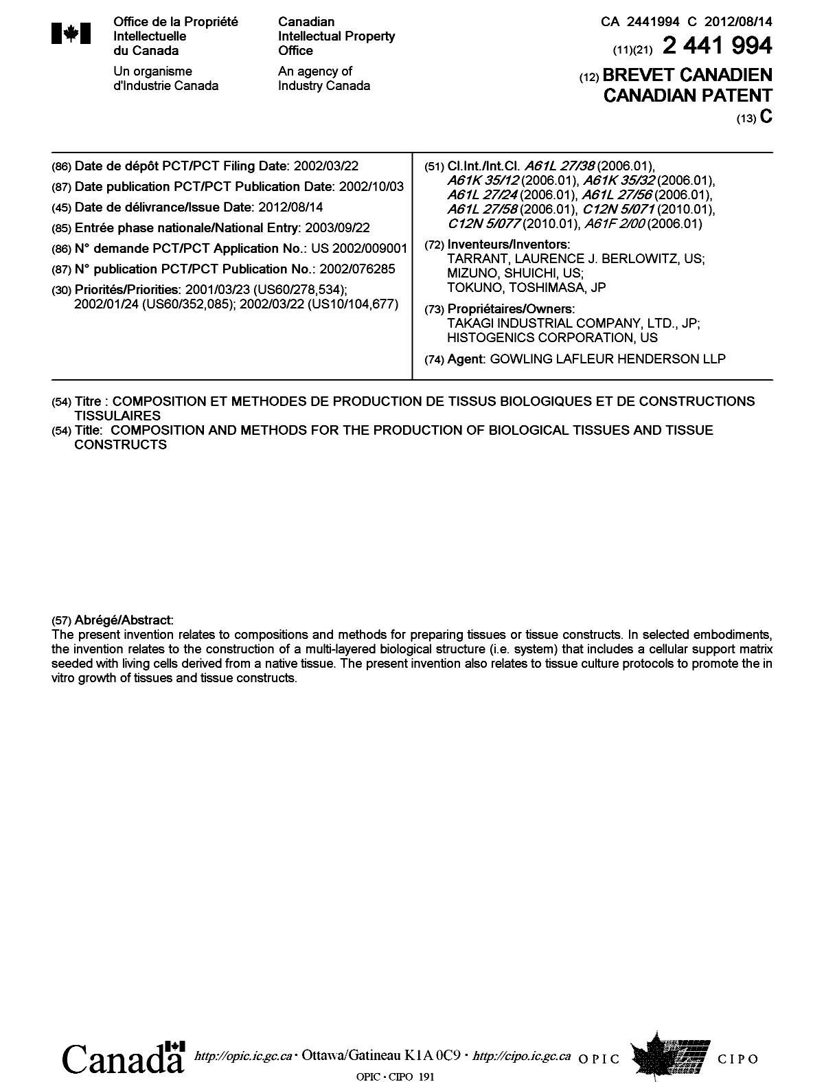 Canadian Patent Document 2441994. Cover Page 20120719. Image 1 of 1