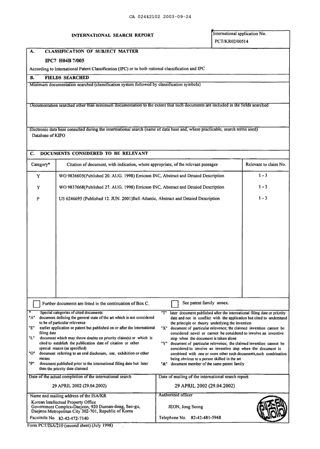 Document de brevet canadien 2442102. PCT 20030924. Image 4 de 4