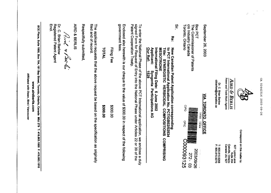 Document de brevet canadien 2442316. Cession 20030926. Image 1 de 3