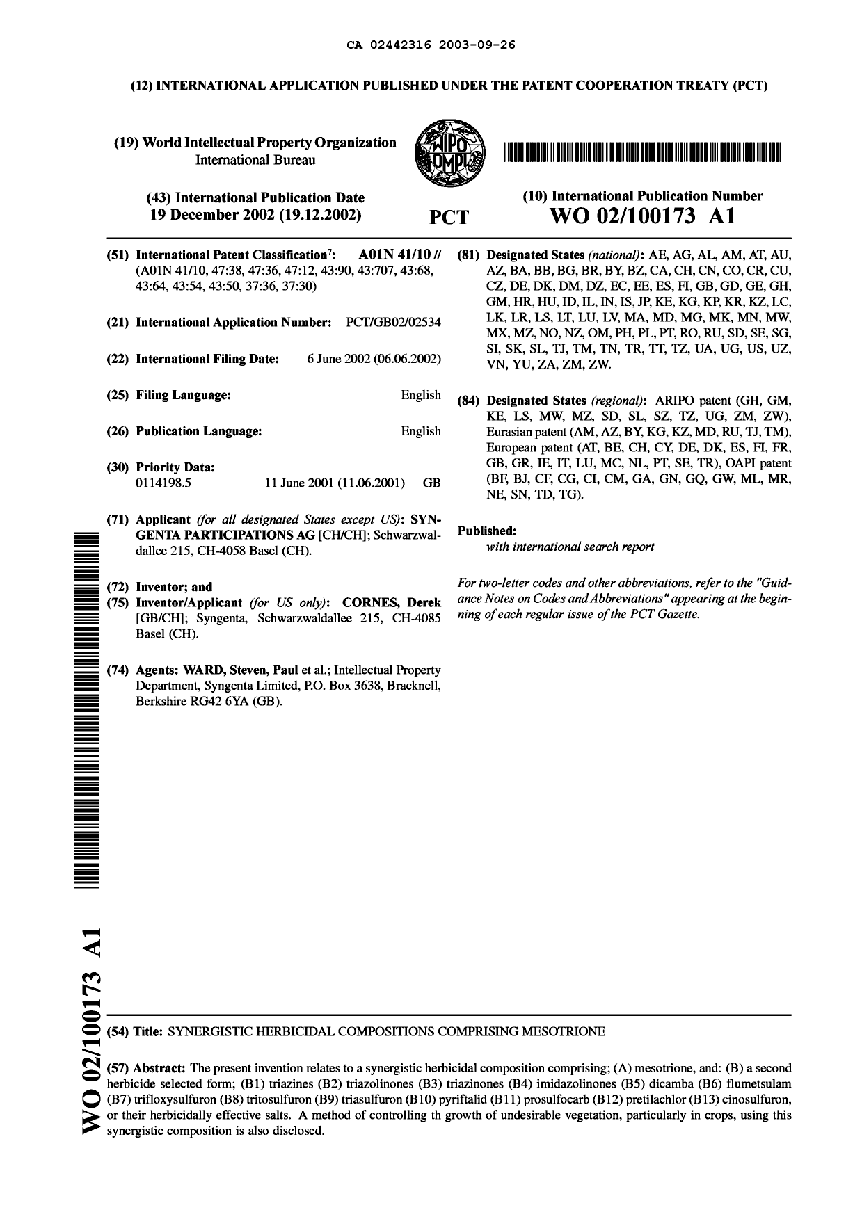 Document de brevet canadien 2442316. Abrégé 20030926. Image 1 de 1
