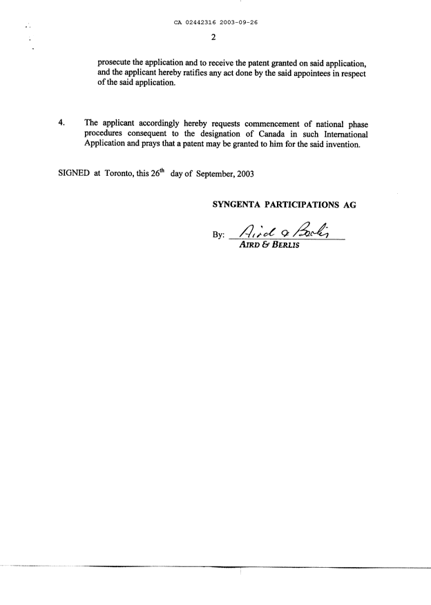 Document de brevet canadien 2442316. Cession 20030926. Image 3 de 3