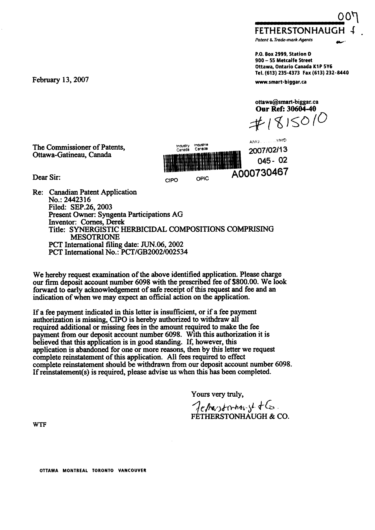 Document de brevet canadien 2442316. Poursuite-Amendment 20070213. Image 1 de 1