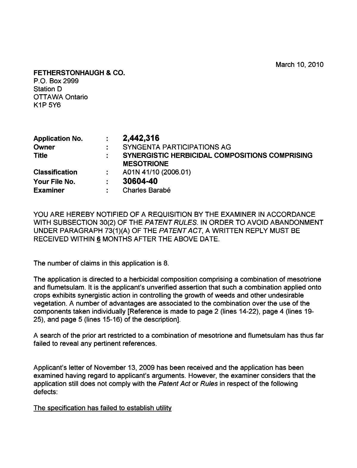 Document de brevet canadien 2442316. Poursuite-Amendment 20100310. Image 1 de 6