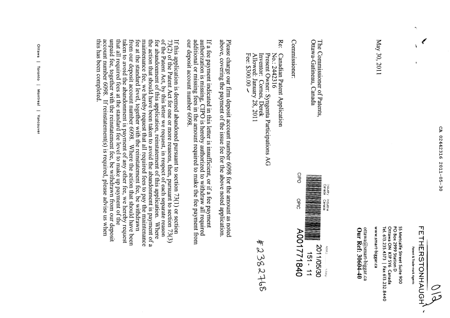 Document de brevet canadien 2442316. Correspondance 20110530. Image 1 de 2
