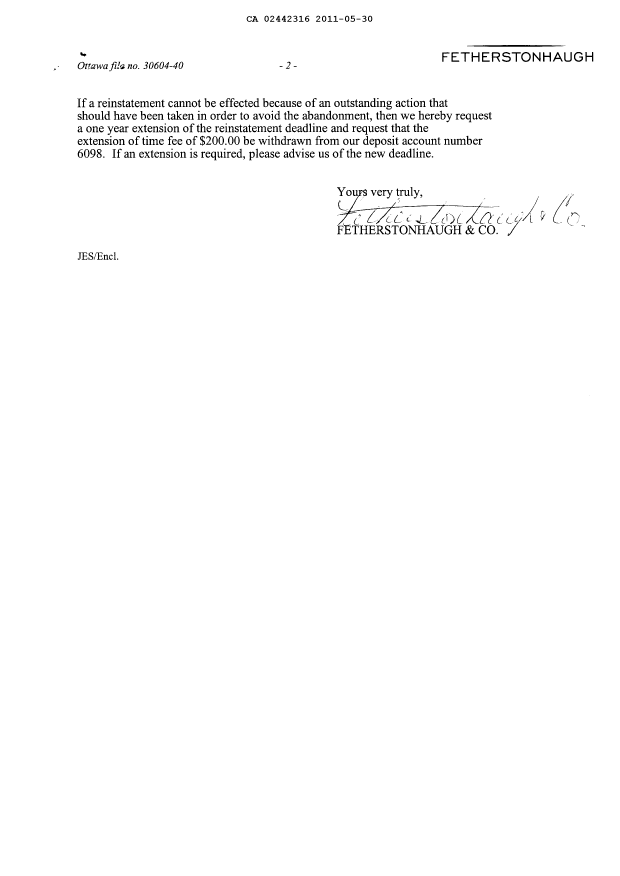 Document de brevet canadien 2442316. Correspondance 20110530. Image 2 de 2