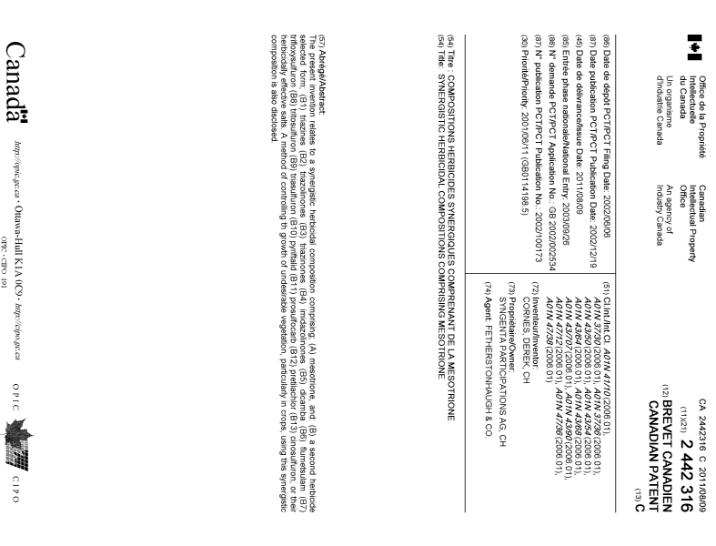 Document de brevet canadien 2442316. Page couverture 20110706. Image 1 de 1