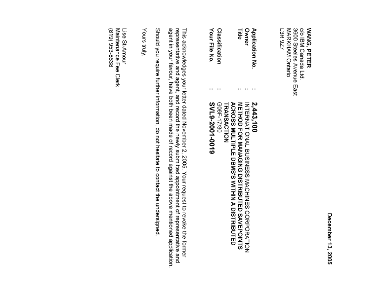 Document de brevet canadien 2443100. Correspondance 20051213. Image 1 de 1