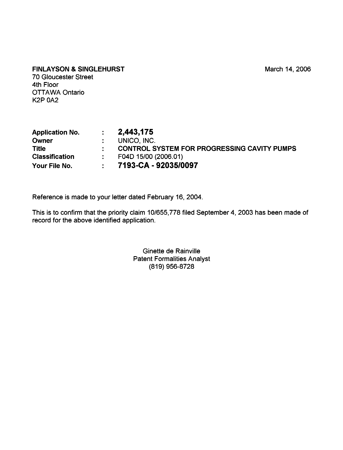 Document de brevet canadien 2443175. Correspondance 20060310. Image 1 de 1