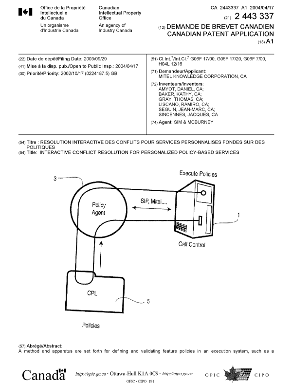 Document de brevet canadien 2443337. Page couverture 20031222. Image 1 de 2