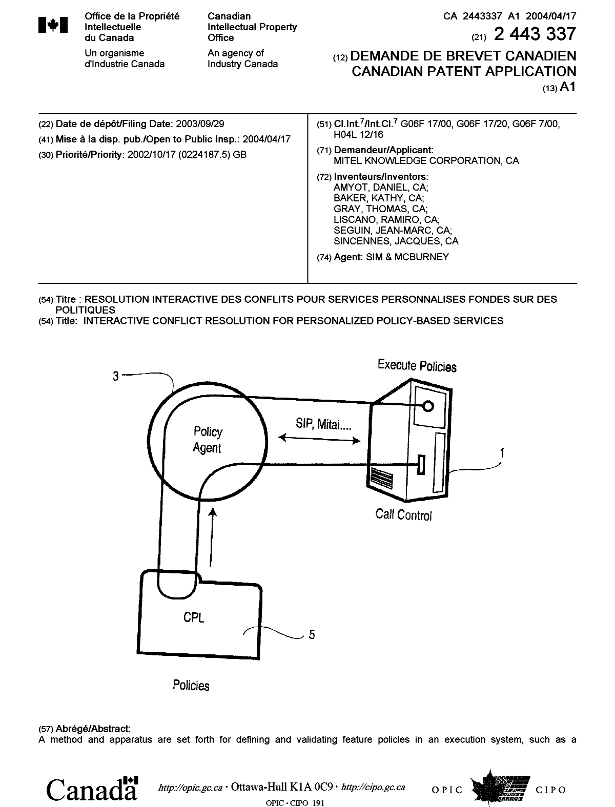 Canadian Patent Document 2443337. Cover Page 20040322. Image 1 of 2