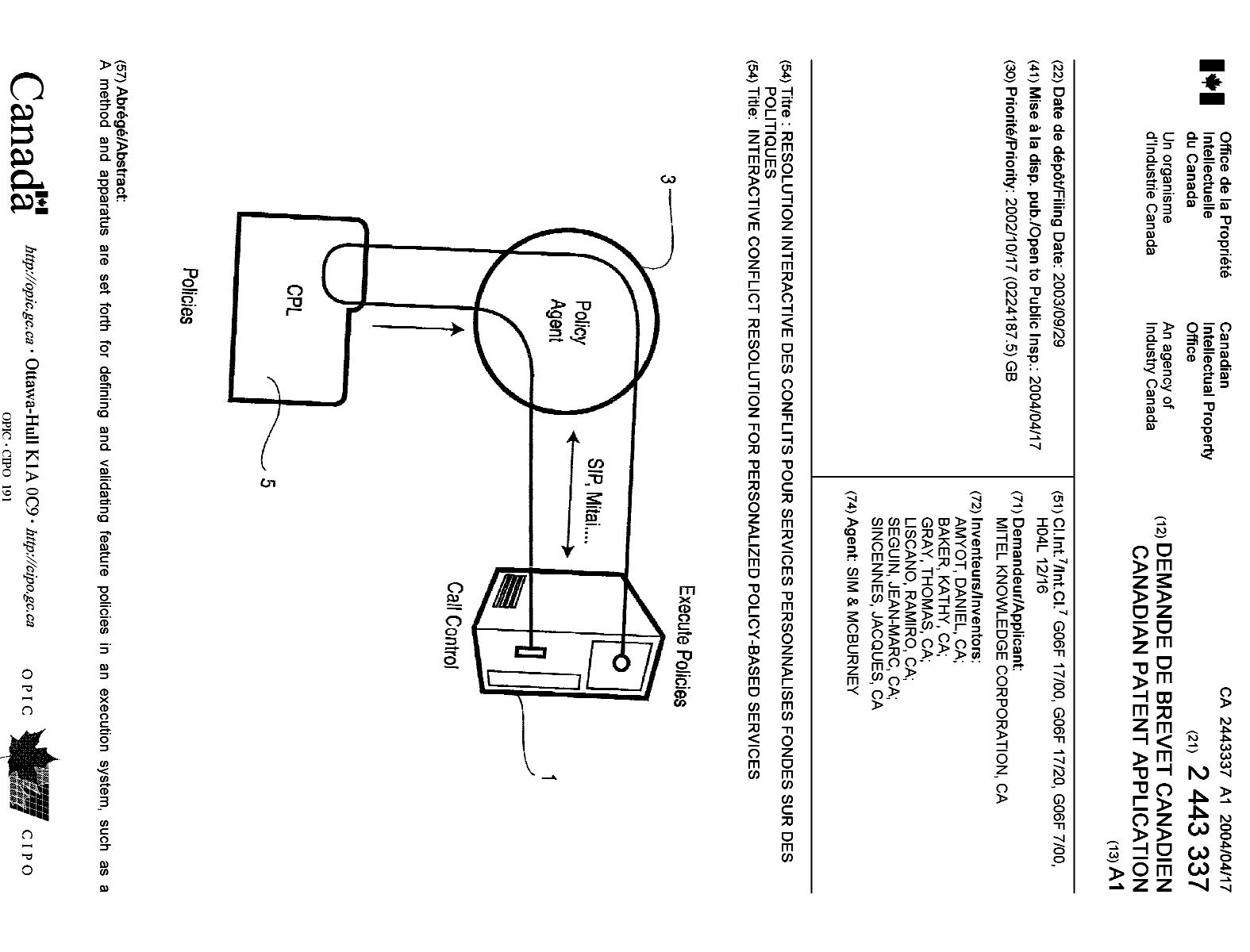 Document de brevet canadien 2443337. Page couverture 20040322. Image 1 de 2