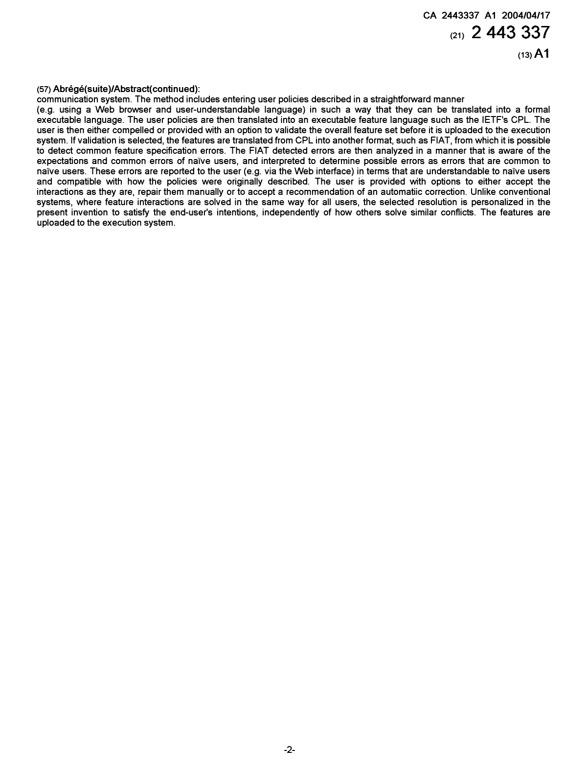 Document de brevet canadien 2443337. Page couverture 20040322. Image 2 de 2